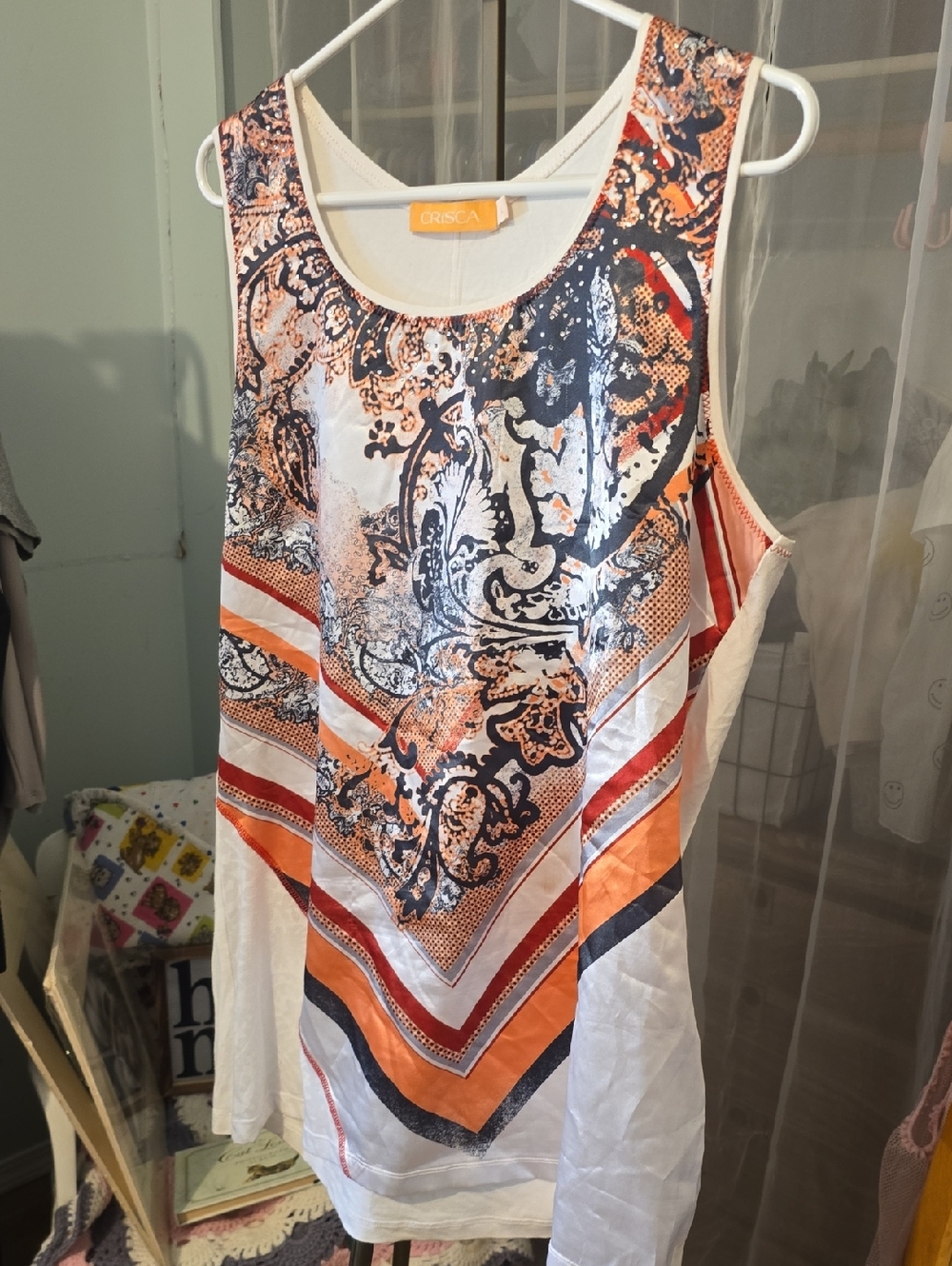 Crisca Orange & Navy Paisley-Print Sleeveless Tank 21 Ptp 26 L